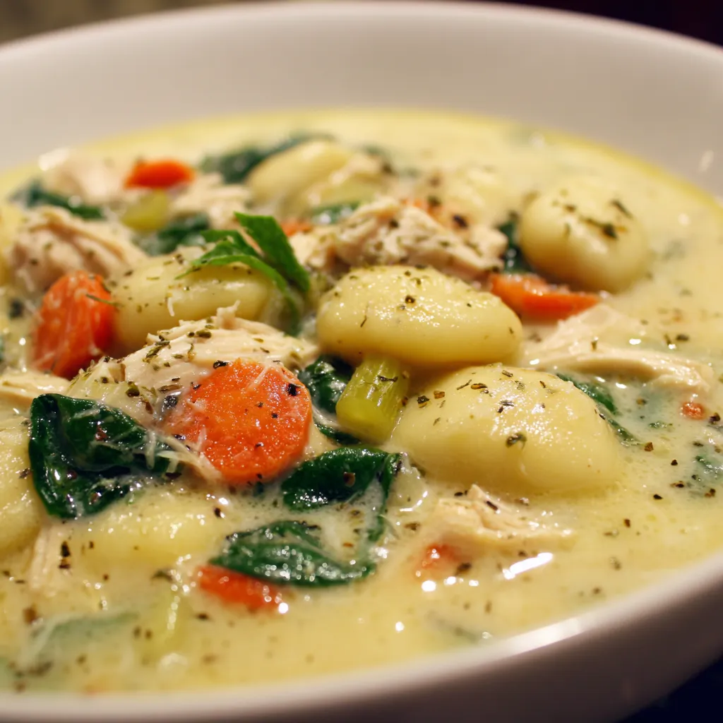 A bowl of soup with chicken and vegetables.