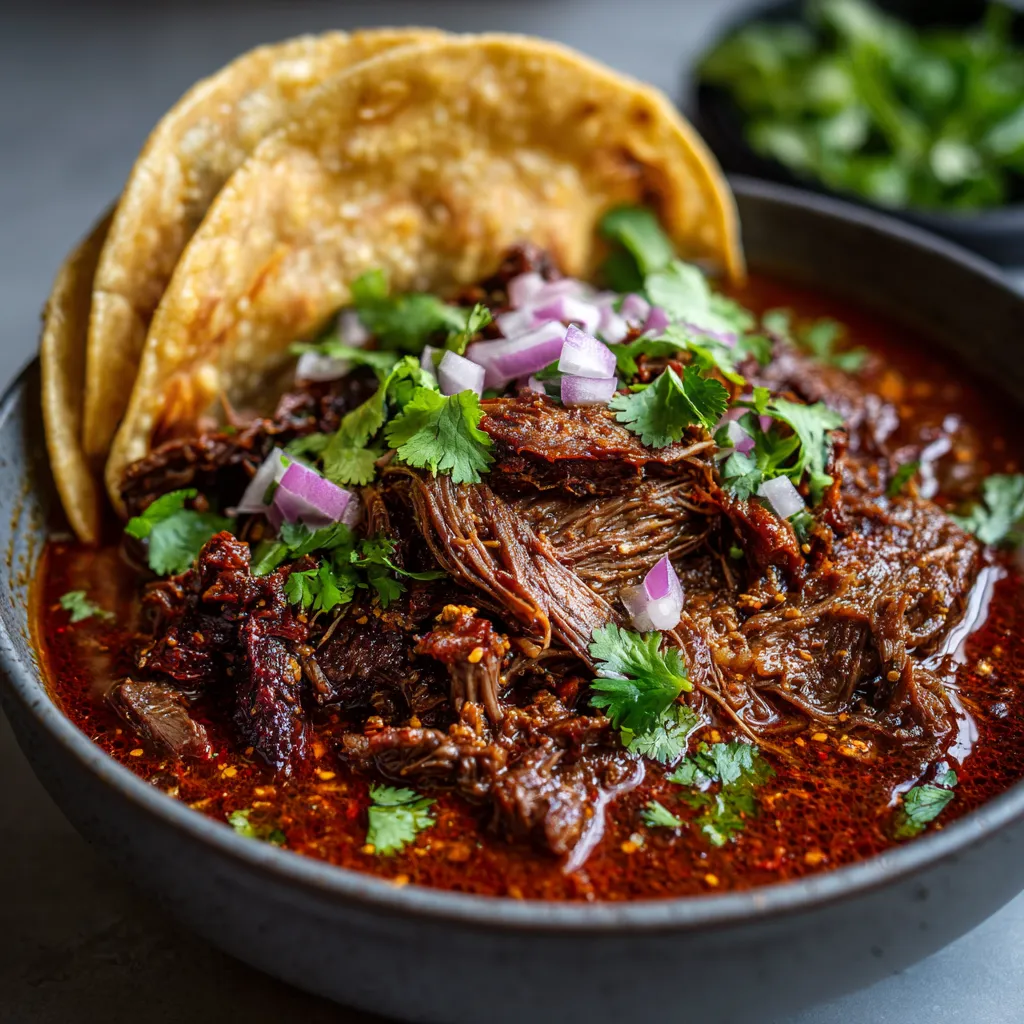 A bowl of beef stew with a tortilla on top.