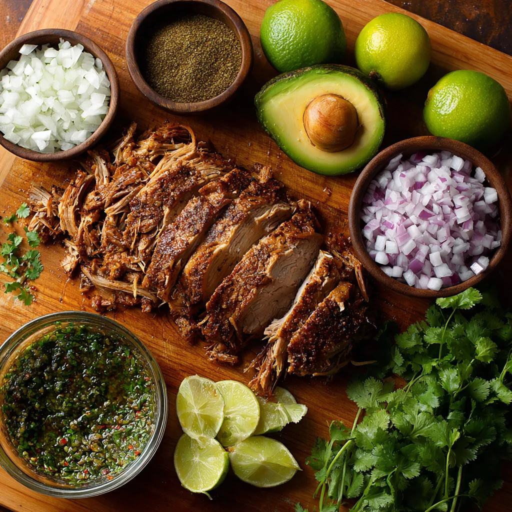 A pile of food on a table.