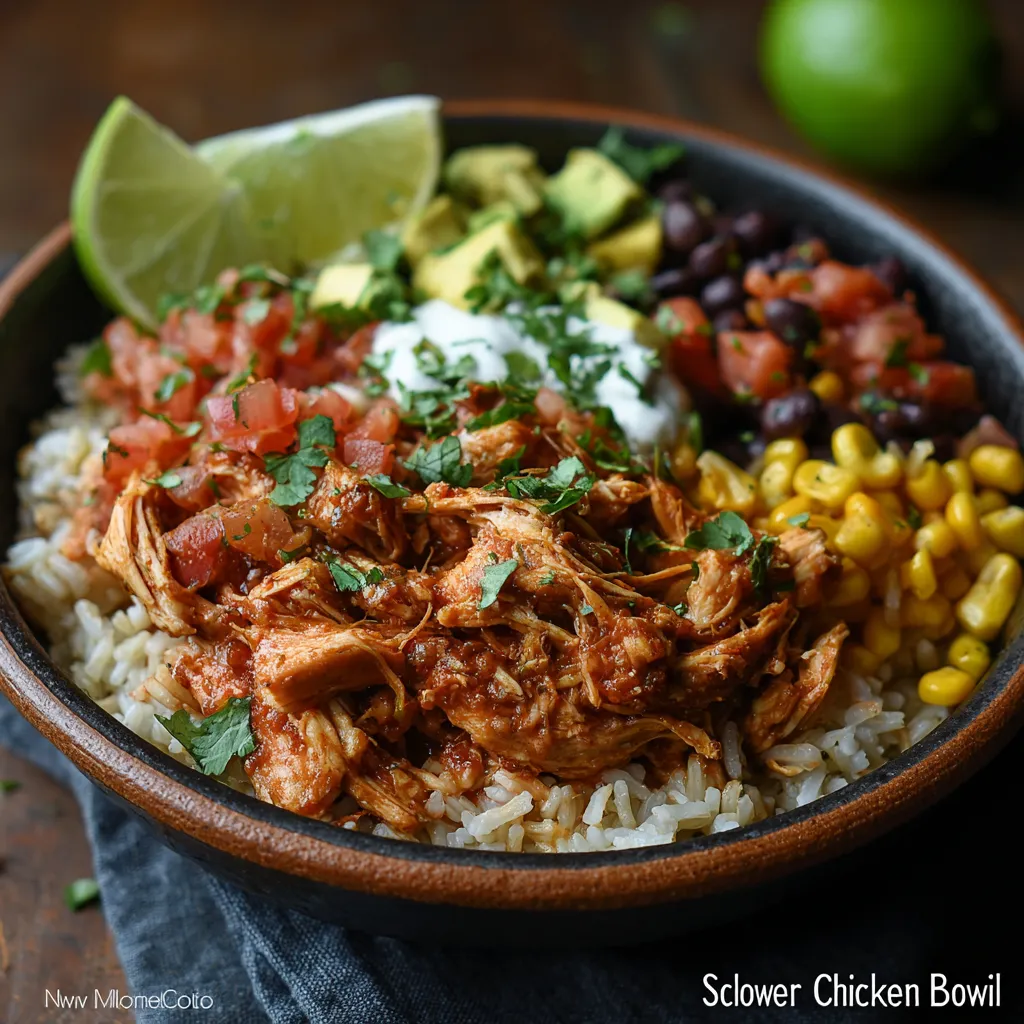 A bowl of food with rice, beans, corn, and chicken.