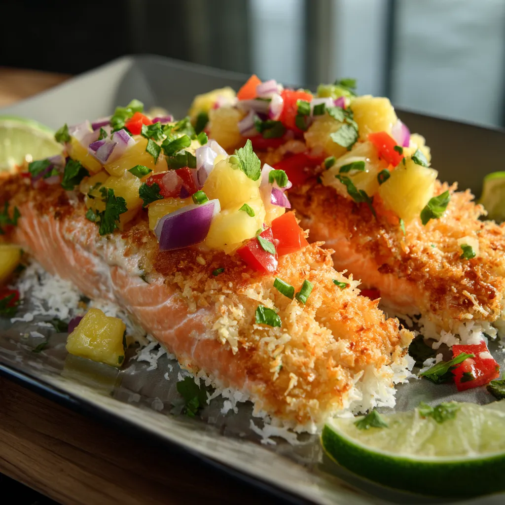 A plate of fish with pineapple and tomatoes.