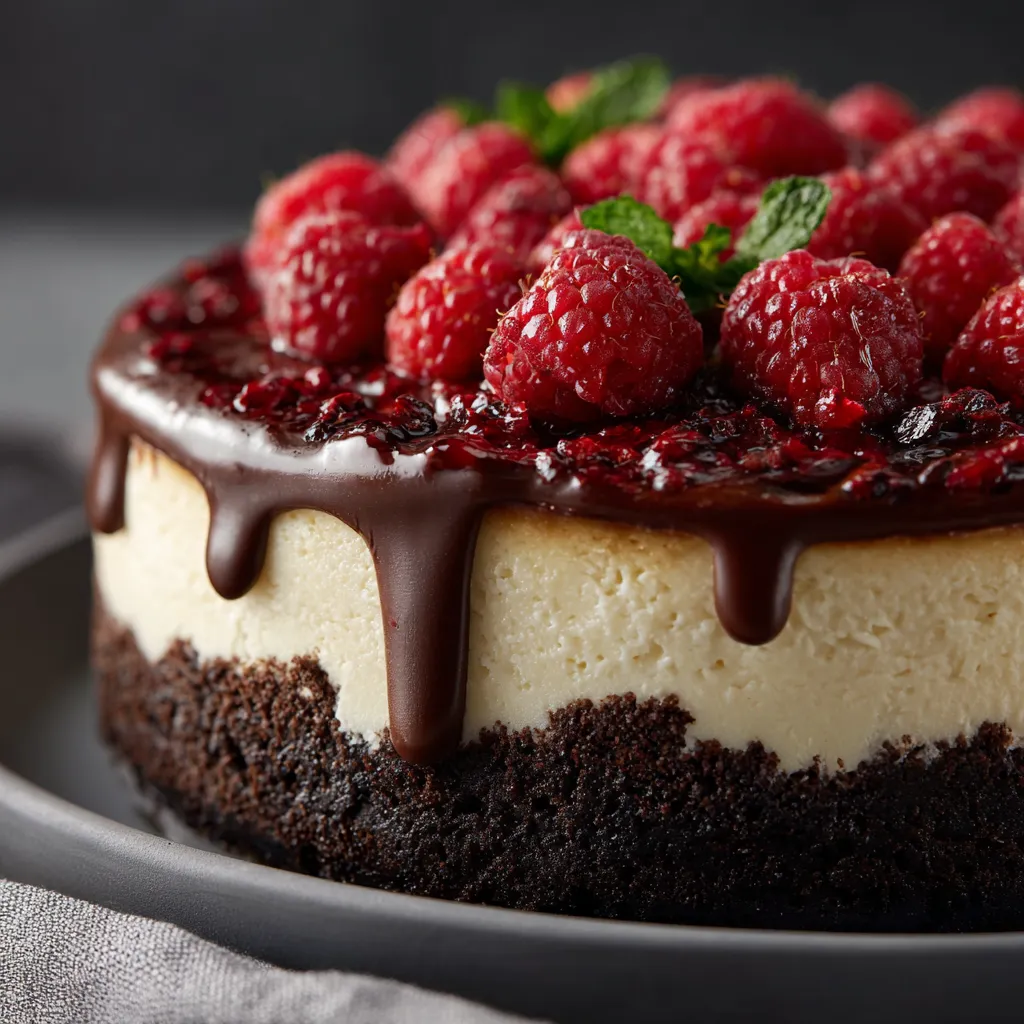 A slice of cake with chocolate and raspberries.