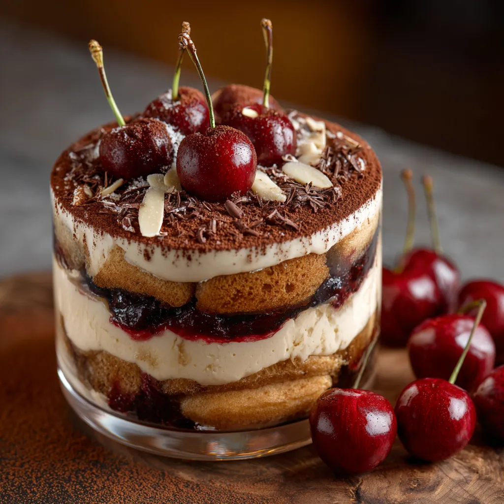 A dessert with chocolate, whipped cream, and cherries.