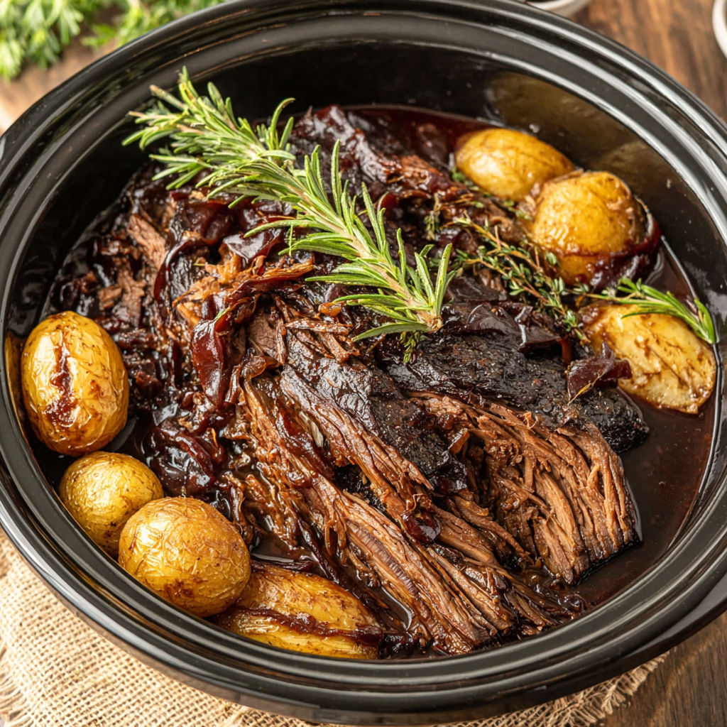 A pot of beef stew with potatoes and herbs.
