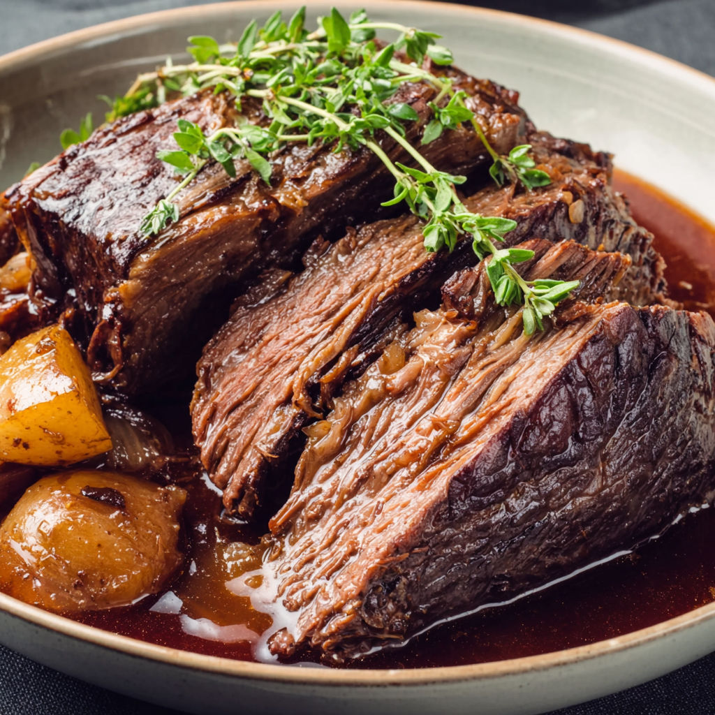 A plate of beef with herbs and vegetables.