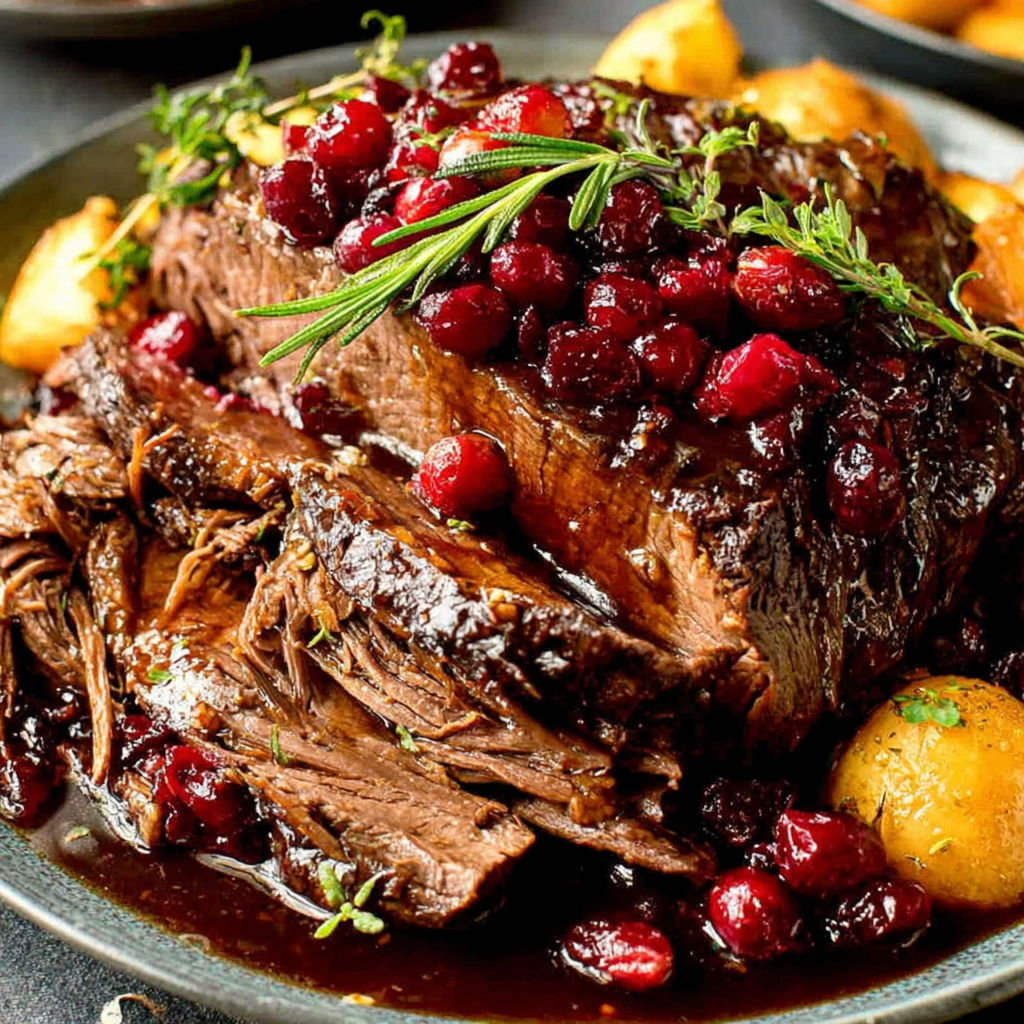 A plate of meat with a sauce and berries on top.