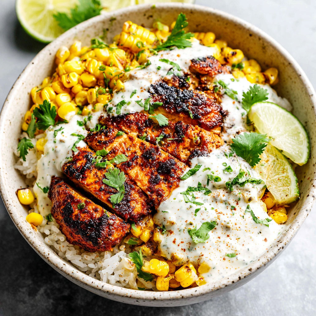 A bowl of food with rice, corn, and meat.