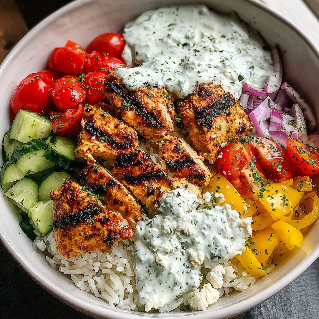 A bowl of food with rice, tomatoes, cucumbers, onions, and chicken.