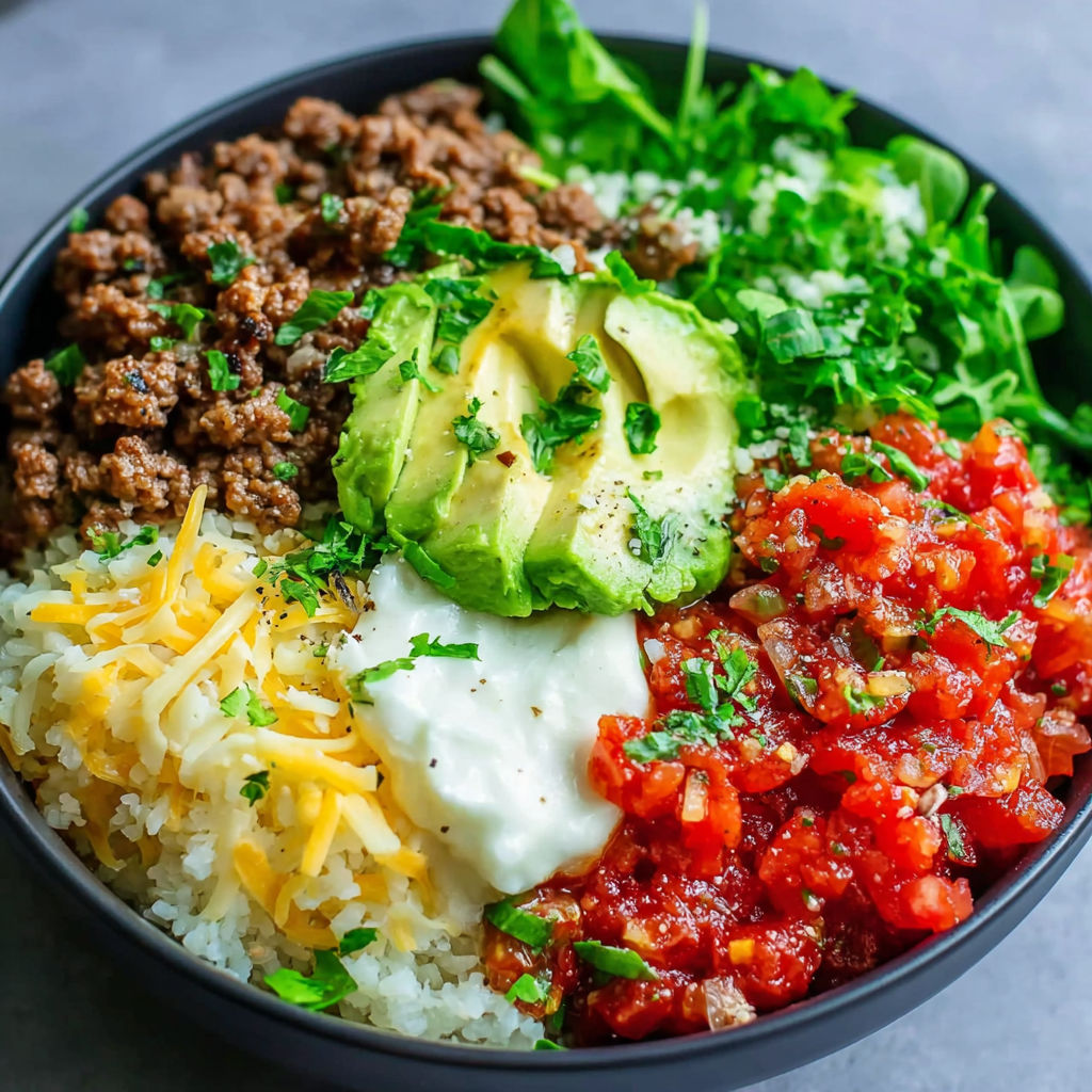 A bowl of food with rice, meat, cheese, and avocado.
