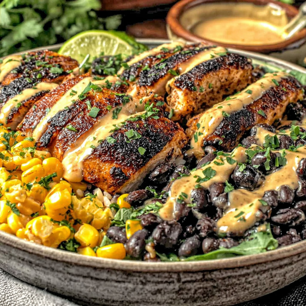 A plate of food with chicken, beans, and corn.