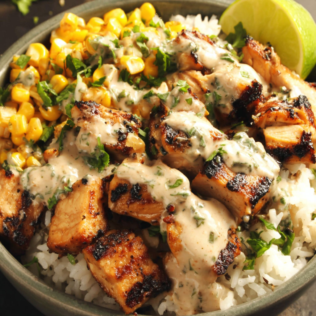 A bowl of rice with chicken and corn.