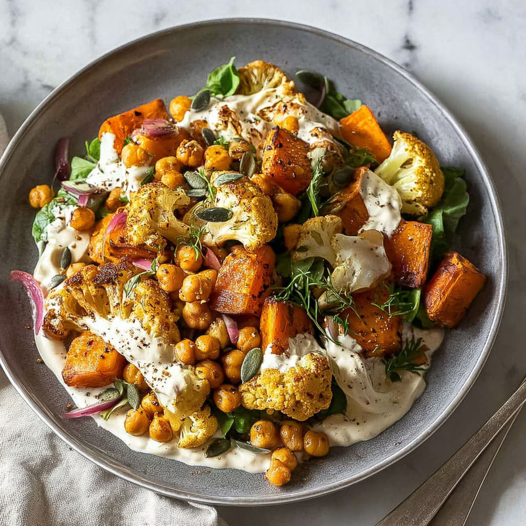 A bowl of vegetables with a white sauce.