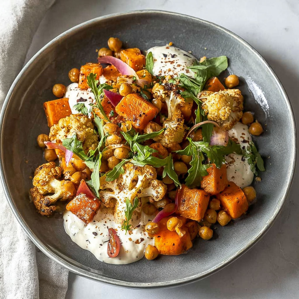 A bowl of food with a white sauce on top.