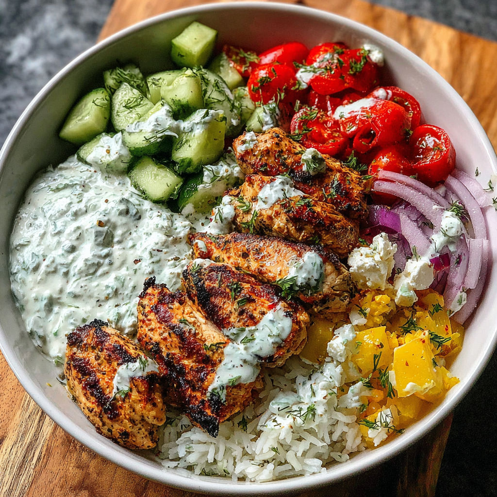 A bowl of food with rice, tomatoes, onions, cucumbers, and meat.