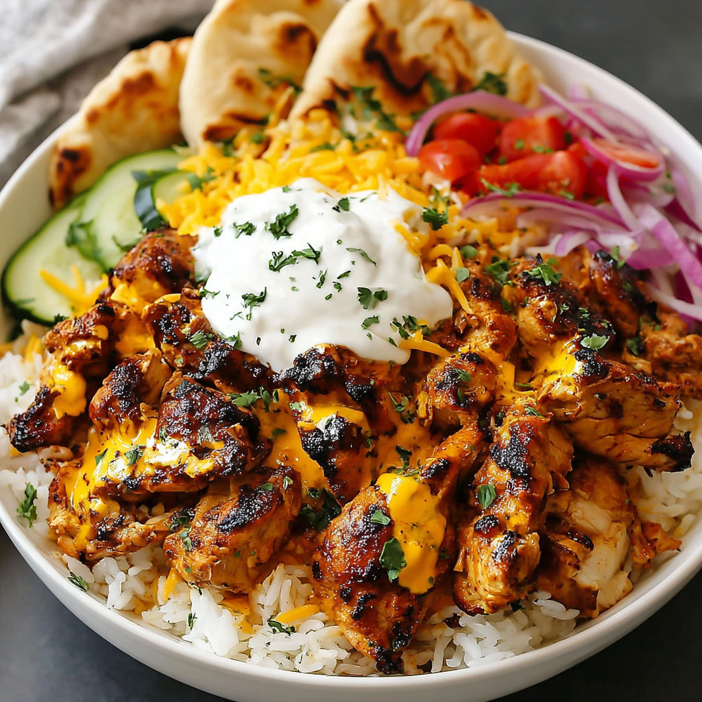 A bowl of food with rice, meat, and vegetables.
