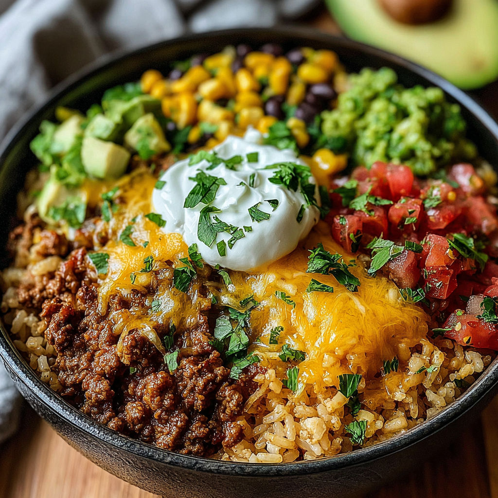 A bowl of food with rice, beans, corn, tomatoes, and avocado.