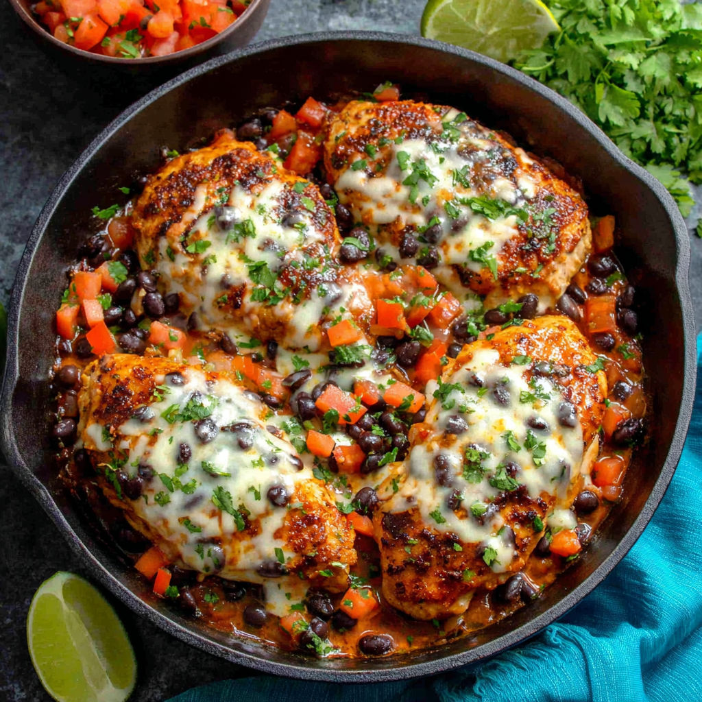 A pan of chicken with cheese and vegetables.