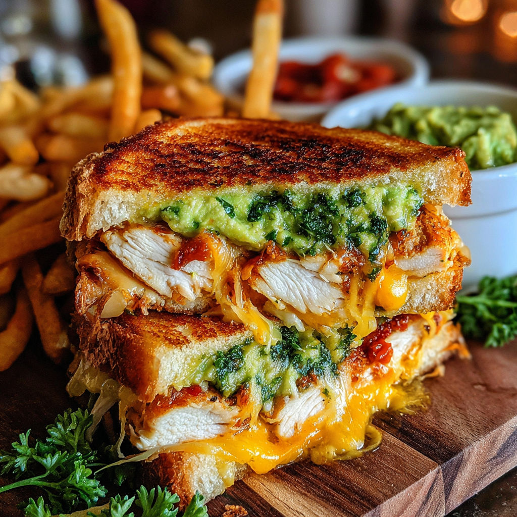A sandwich with cheese and avocado on a wooden table.