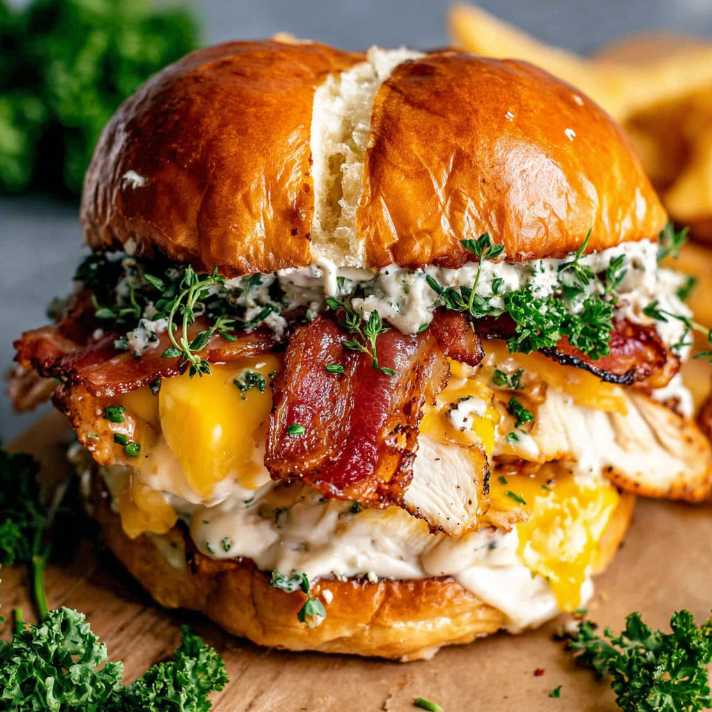 A sandwich with bacon, lettuce, and cheese.