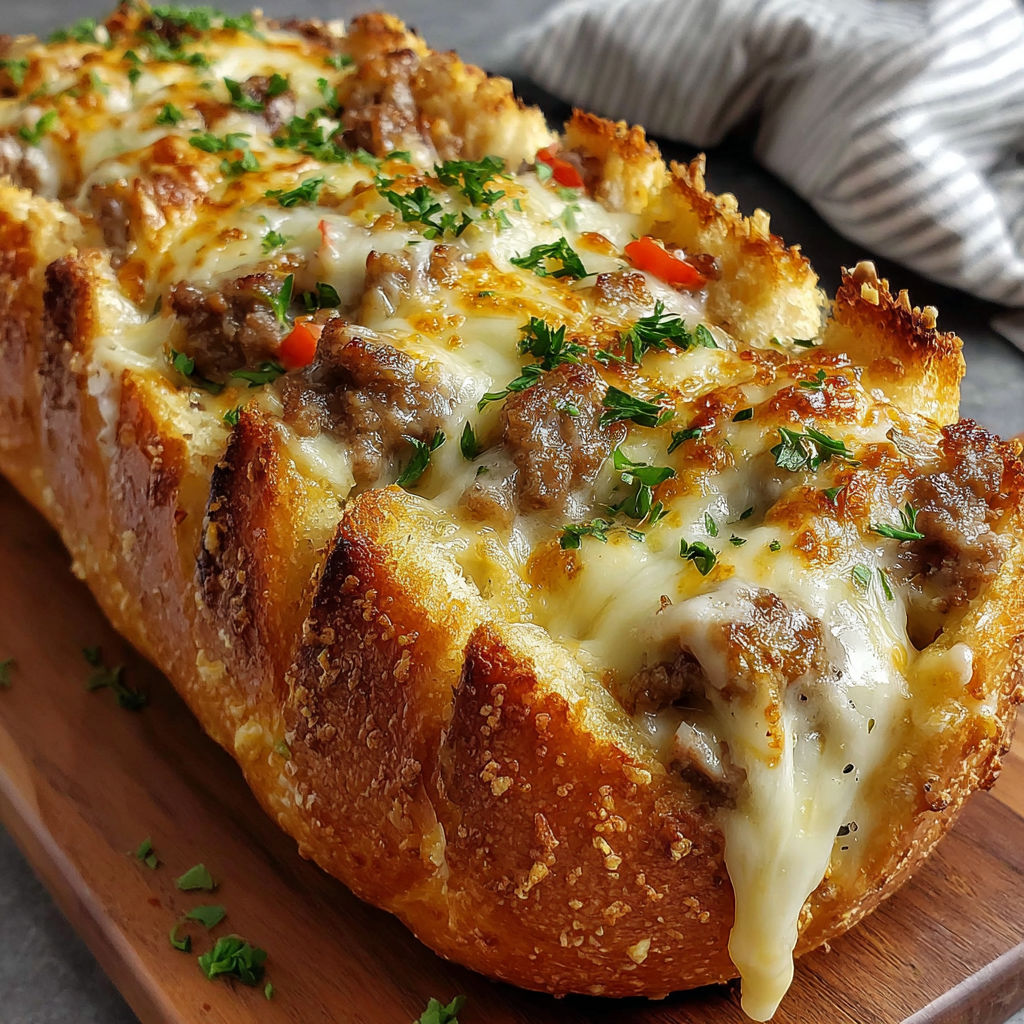 A slice of cheese and meat pizza on a wooden board.