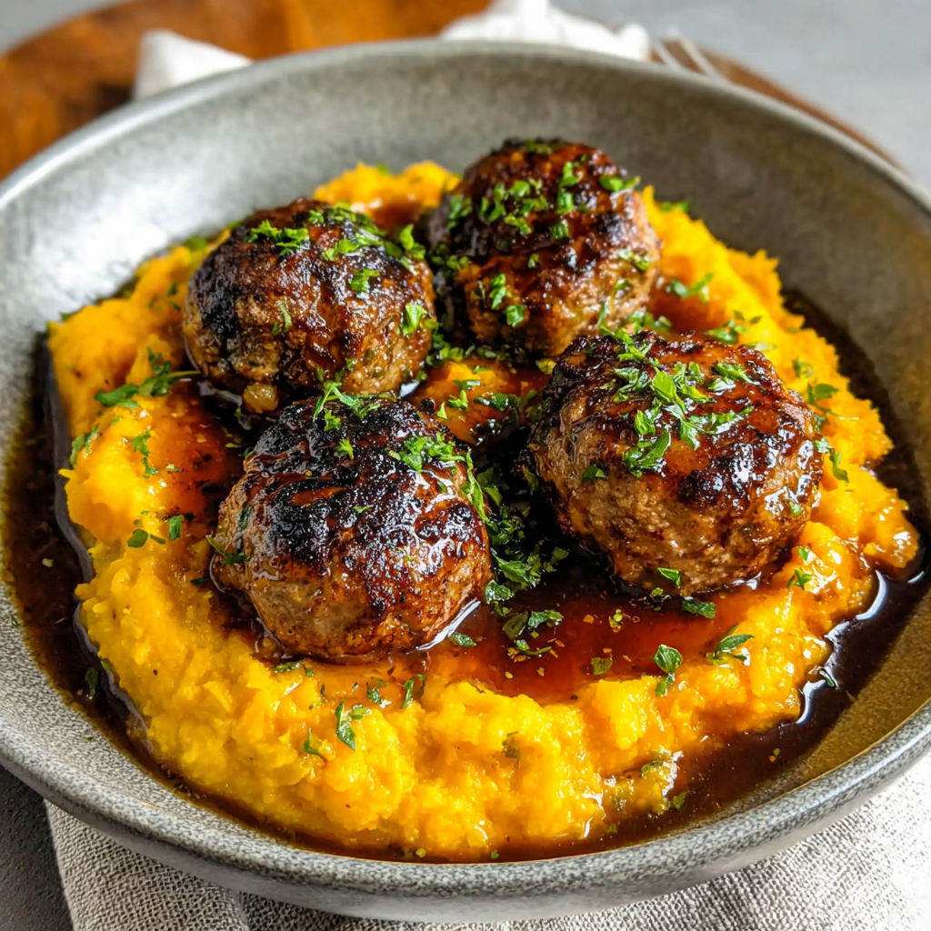 A plate of meatballs on a bed of mashed potatoes.