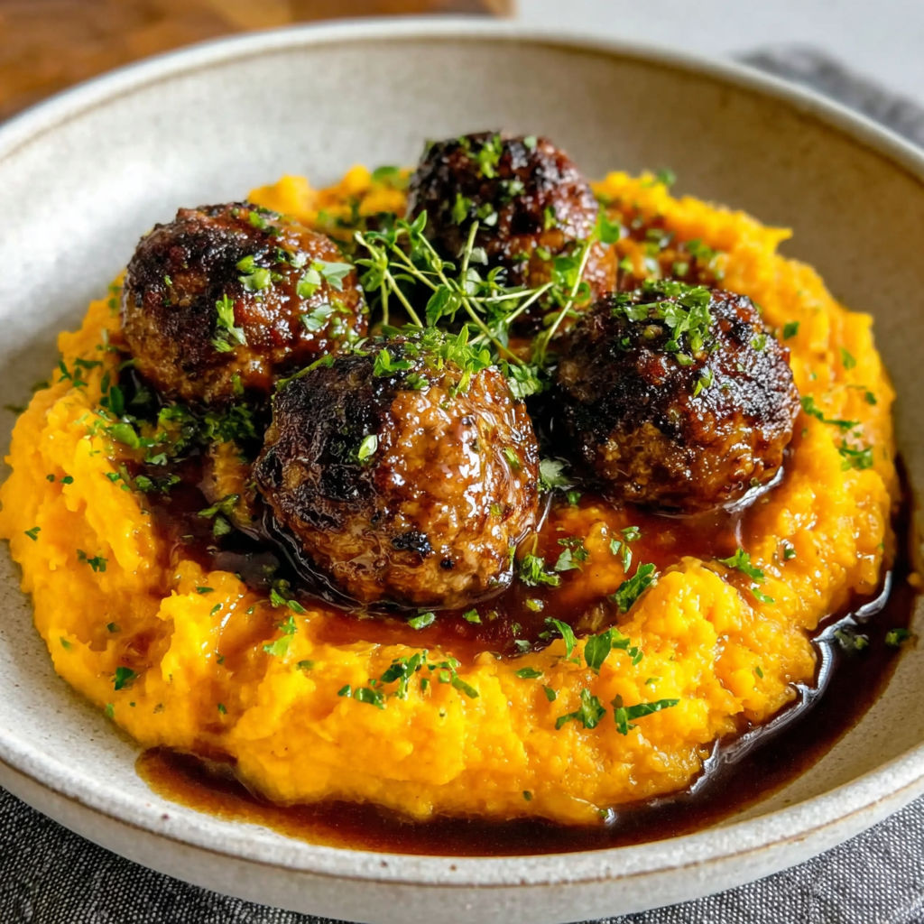 A plate of food with meatballs and sauce.