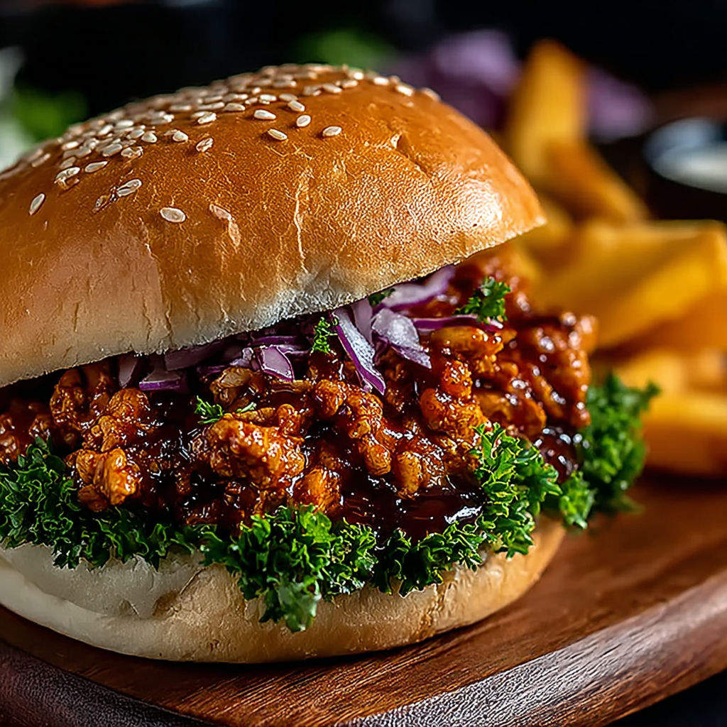 A close up of a sandwich with onions and barbecue sauce.