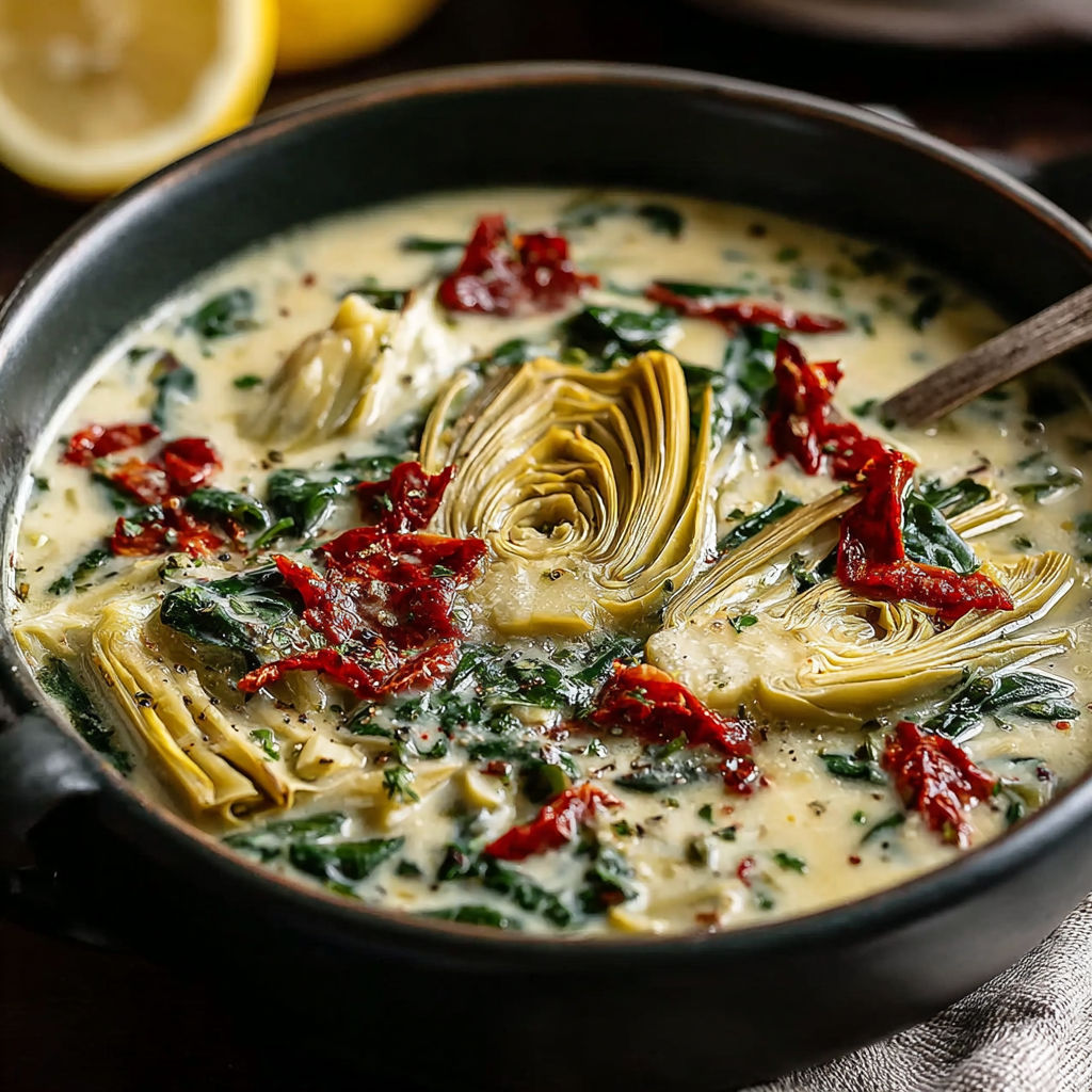 A bowl of soup with vegetables and a lemon wedge.
