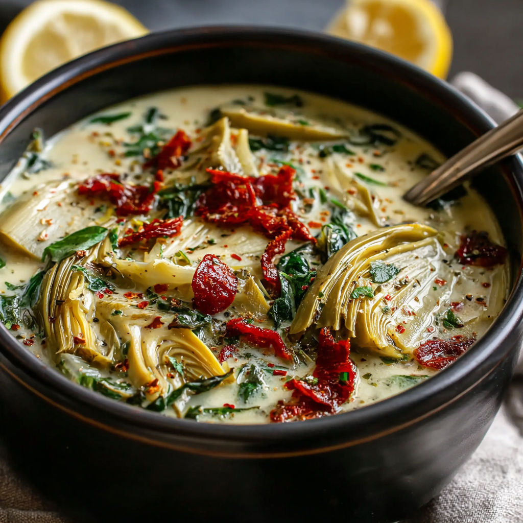 A bowl of soup with vegetables and a lemon wedge.