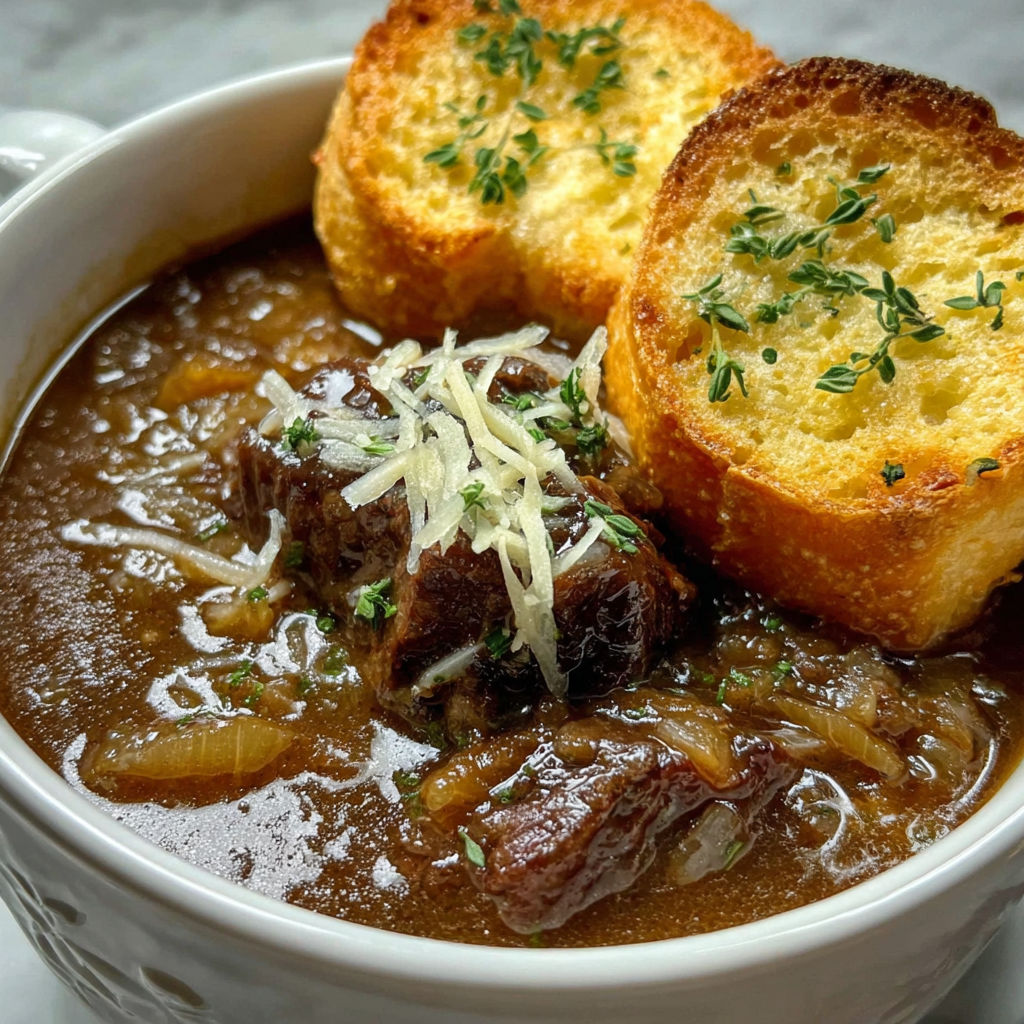 A bowl of soup with a slice of bread on top.