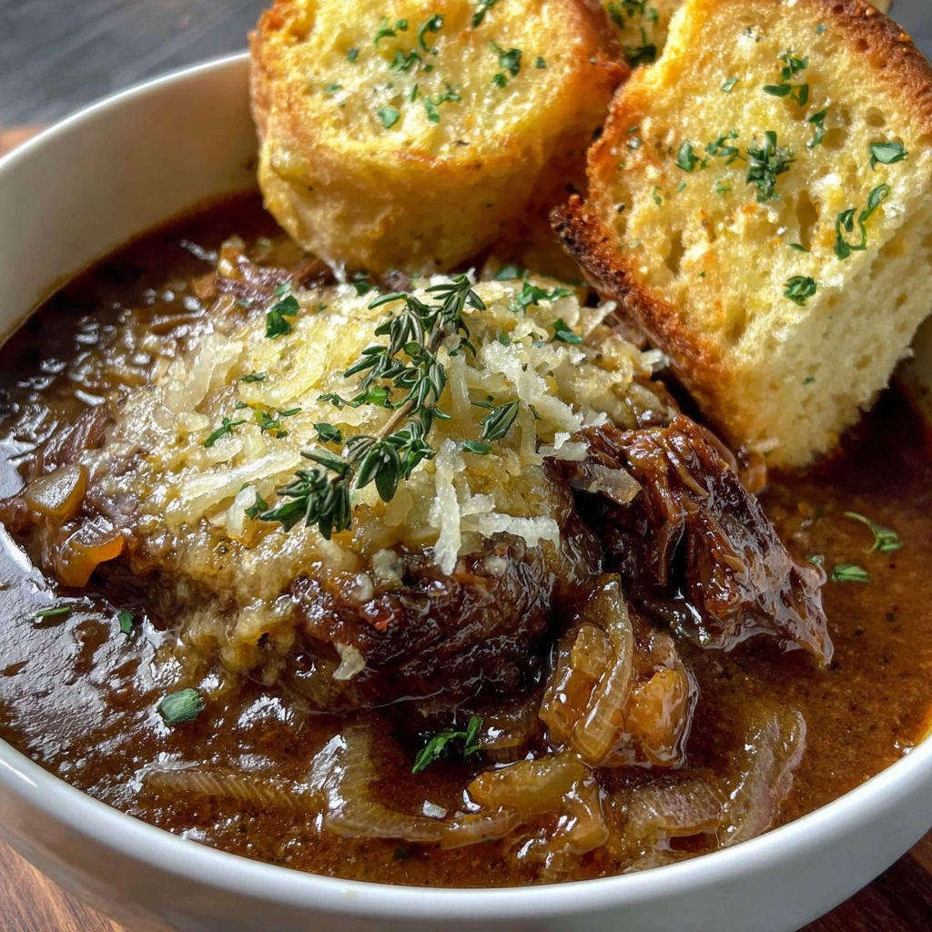 A bowl of soup with bread on top.