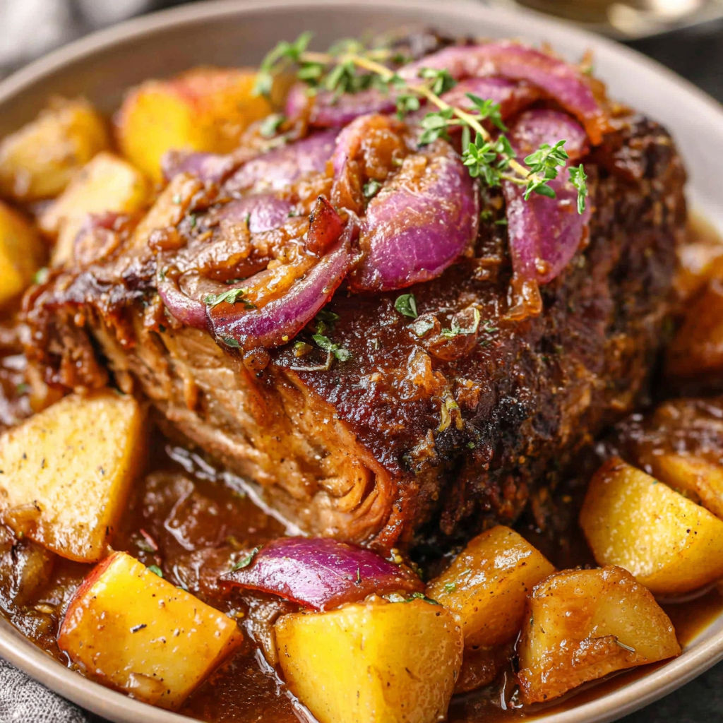 A close up of a roast beef dinner with onions and potatoes.