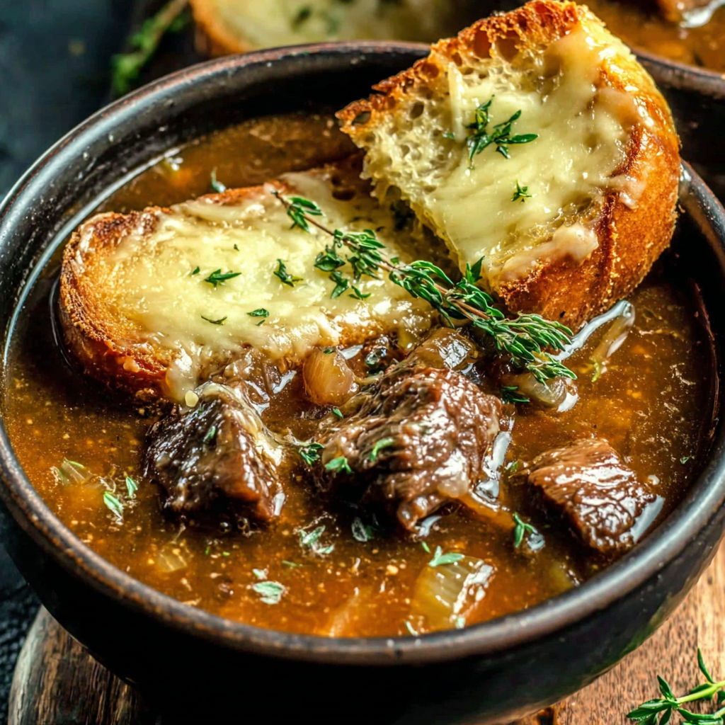 A bowl of soup with bread and cheese.