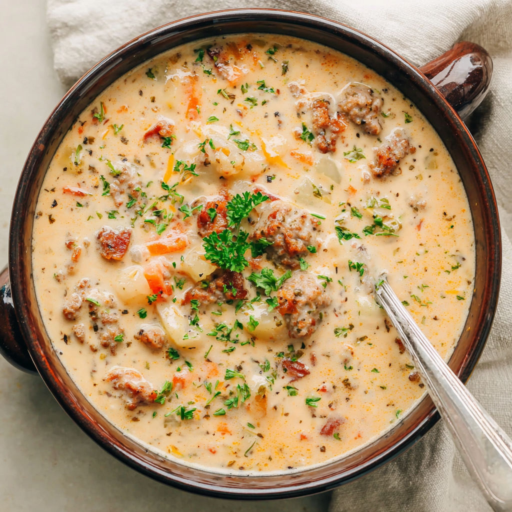 A bowl of soup with meat and vegetables.