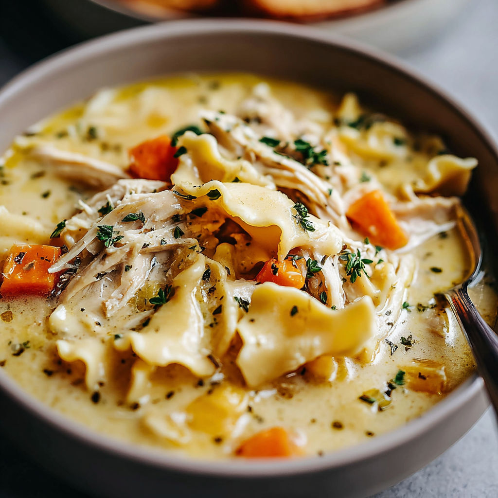 A bowl of soup with chicken and vegetables.