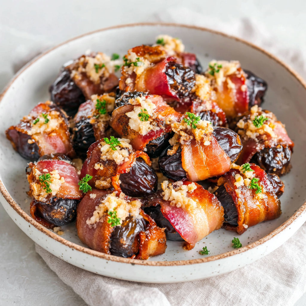 A plate of food with bacon wrapped around it.