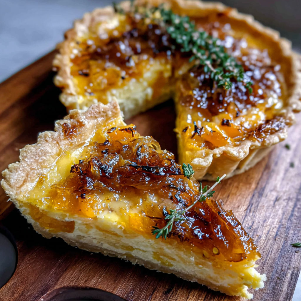 A slice of pie on a wooden cutting board.