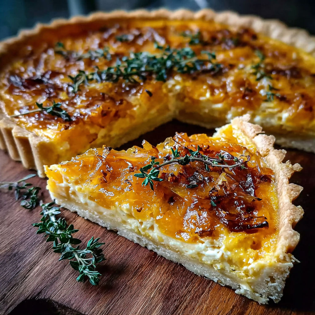 A slice of quiche with a sprig of thyme on top.