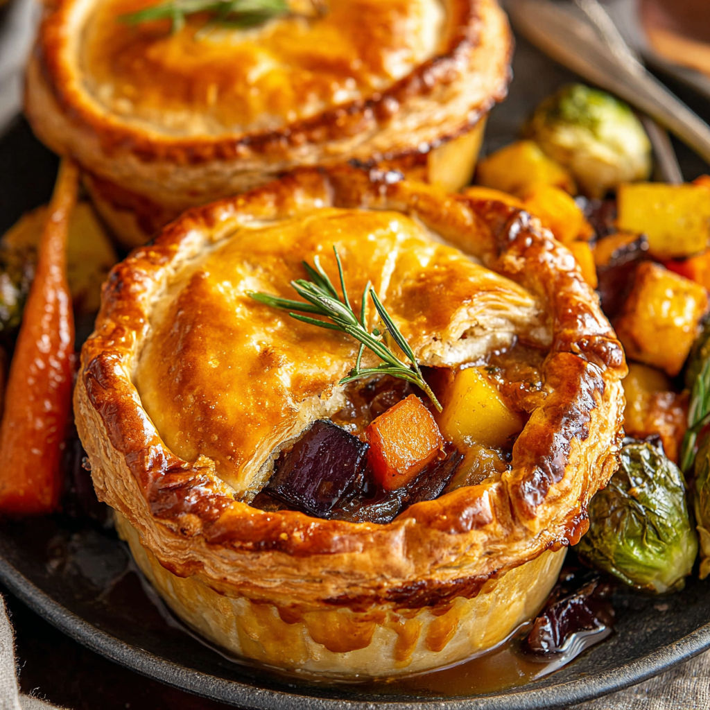 Two pies with vegetables and herbs on top.