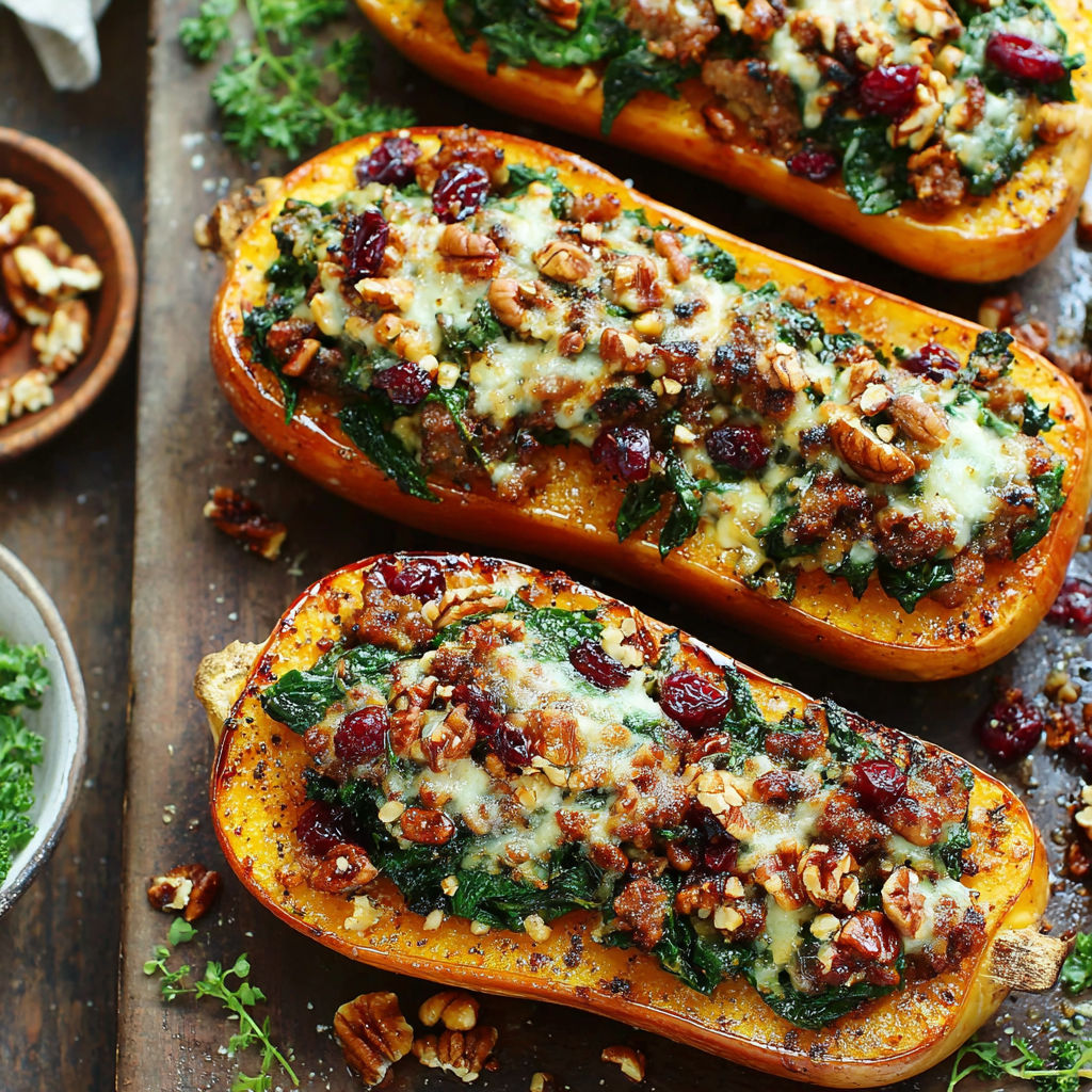A recipe for stuffed squash with cheese and nuts.