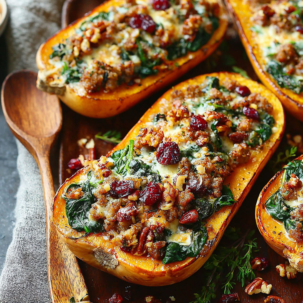 A wooden platter with four sliced squash filled with cheese and spinach.