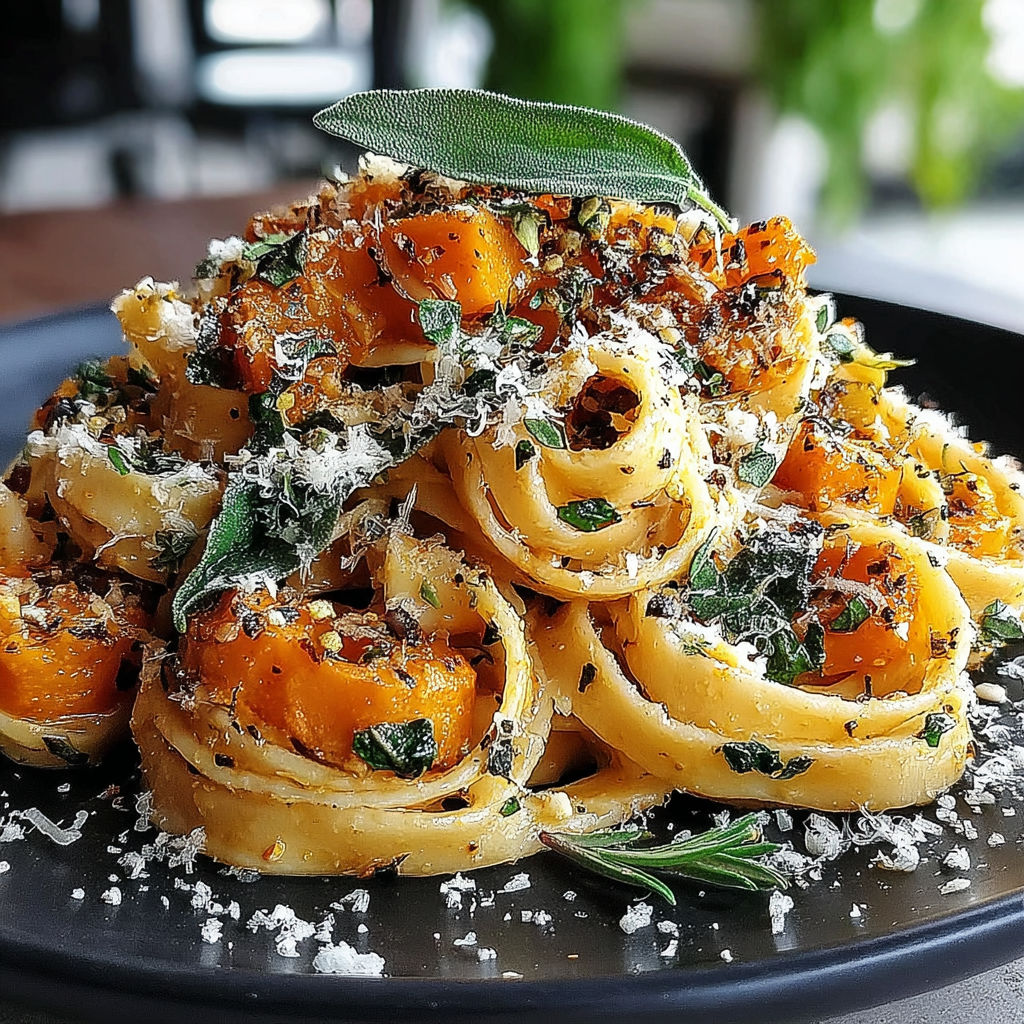 A plate of pasta with a green leaf on top.