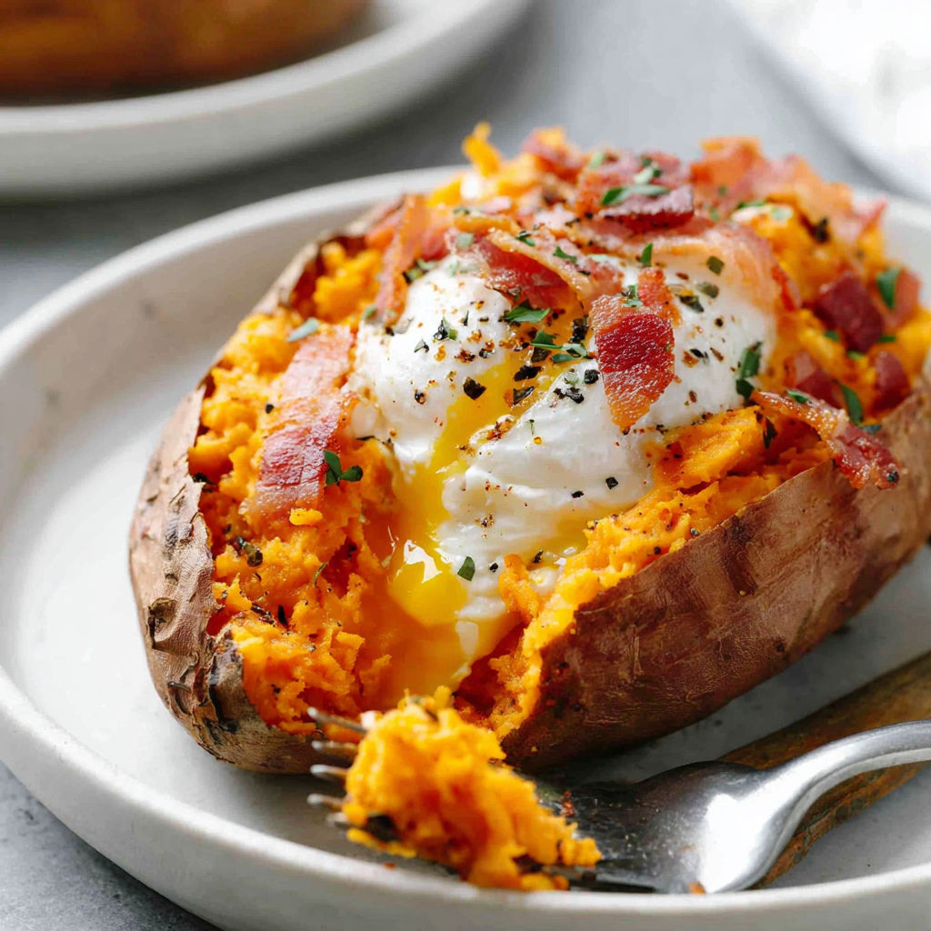A potato with bacon and egg on top.