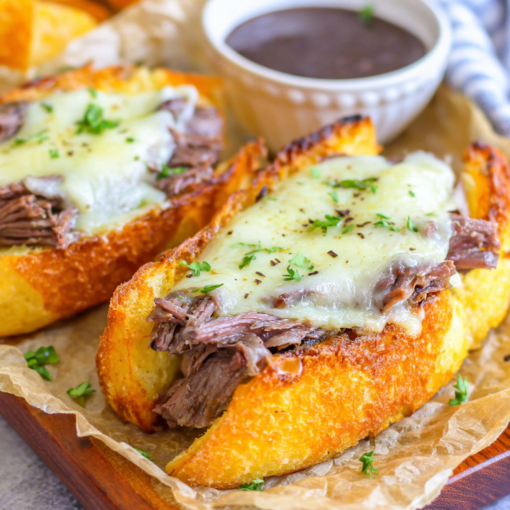 A close up of a sandwich with meat and cheese.