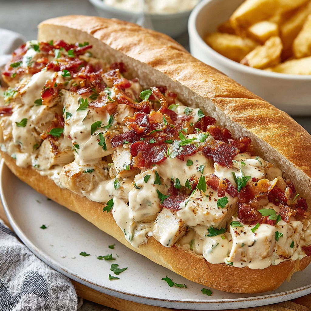 A sandwich with bacon and chicken on a bun.