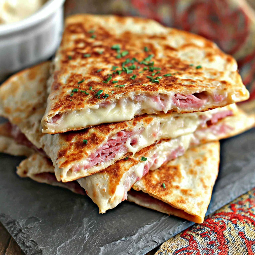 A stack of sandwiches with meat and cheese.