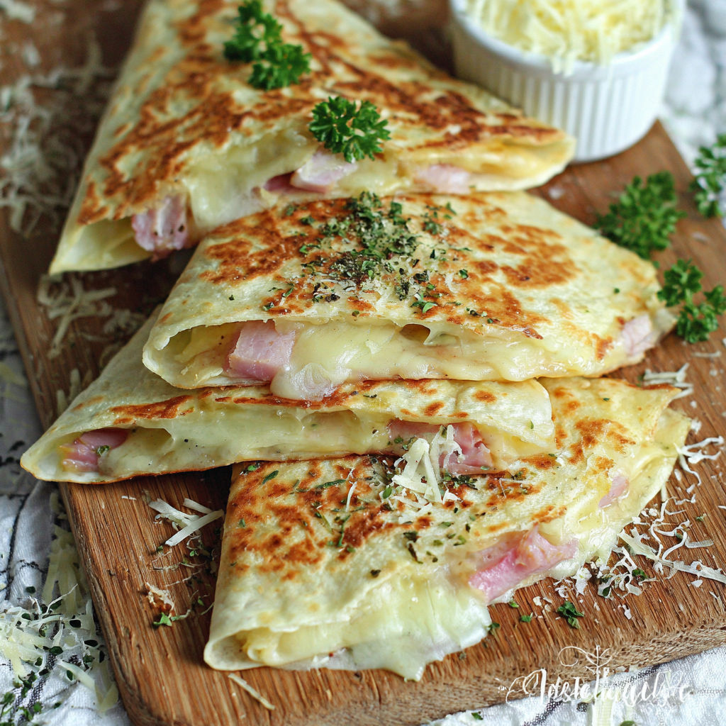 A recipe for a crepe with ham and cheese.