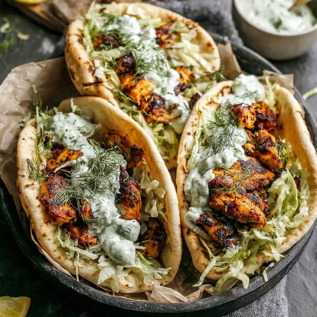Two chicken tacos with white sauce and lettuce.