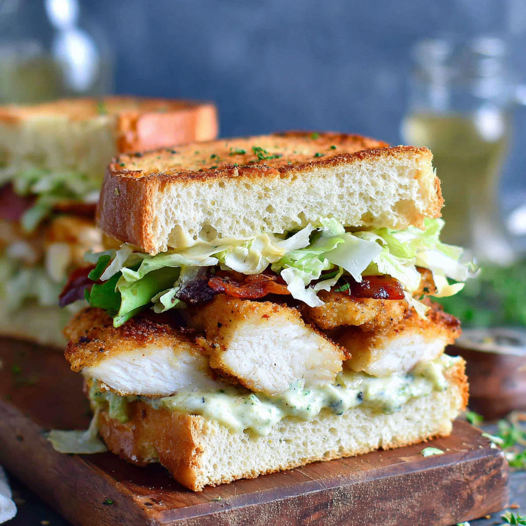 A sandwich with bacon and lettuce on a wooden cutting board.