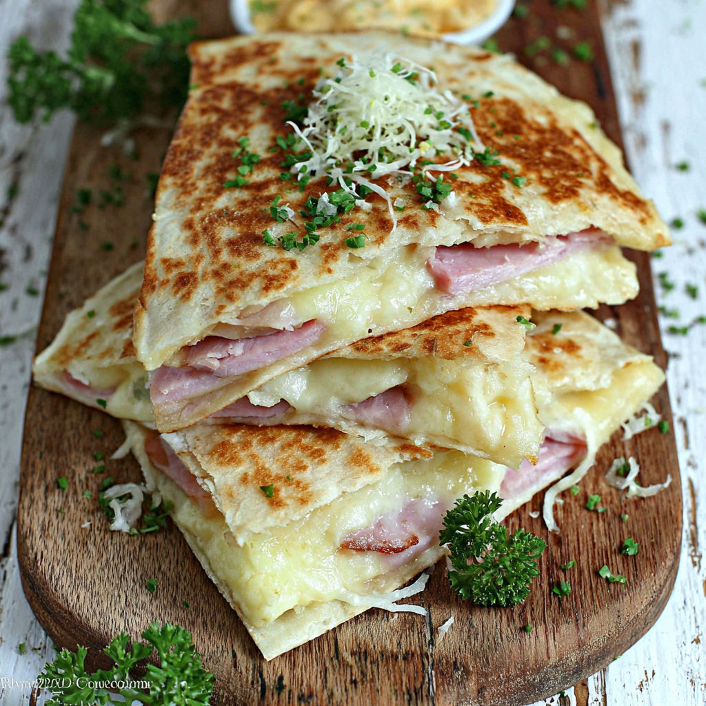 A stack of ham and cheese sandwiches.